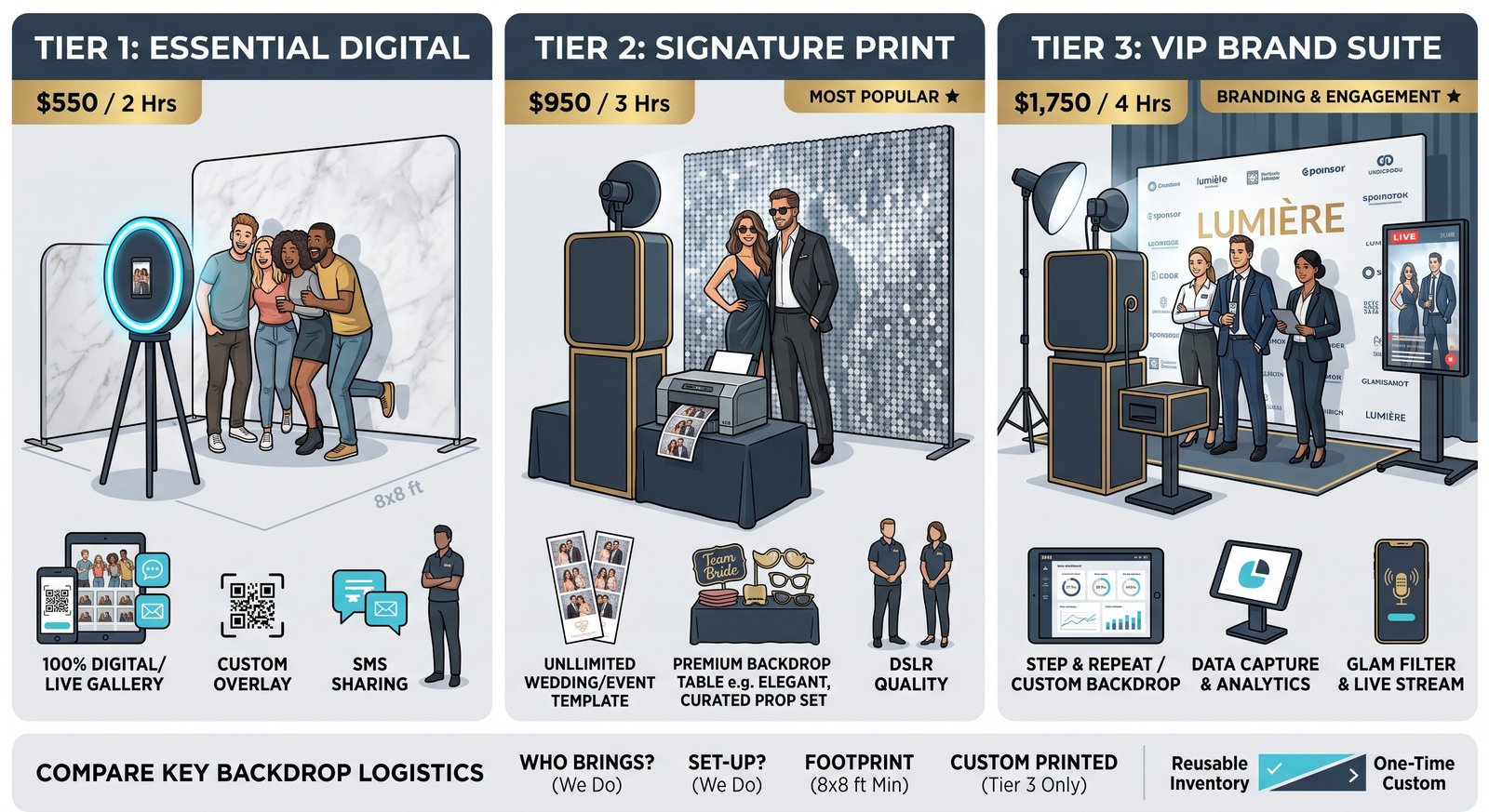 Photo Booth Tier Comparison — Essential Digital $550/2hrs, Signature Print $950/3hrs (Most Popular), VIP Brand Suite $1,750/4hrs